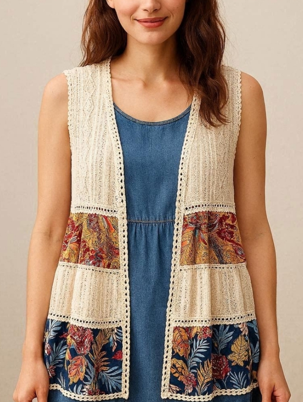 Eazel Boho Crochet Cream Lace Hip Length Vest with Floral Multicolor Panels - M